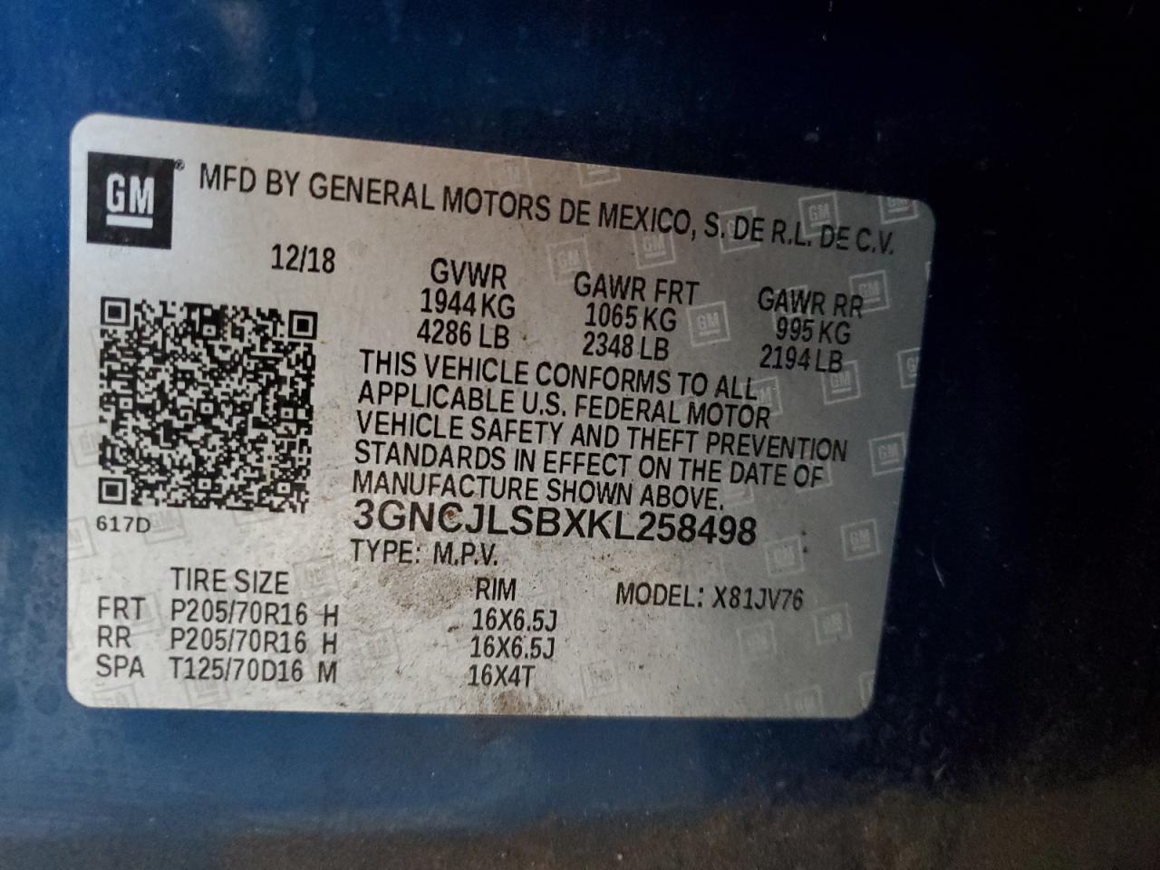 2019 Chevrolet Trax 1Lt VIN: 3GNCJLSBXKL258498 Lot: 91096925