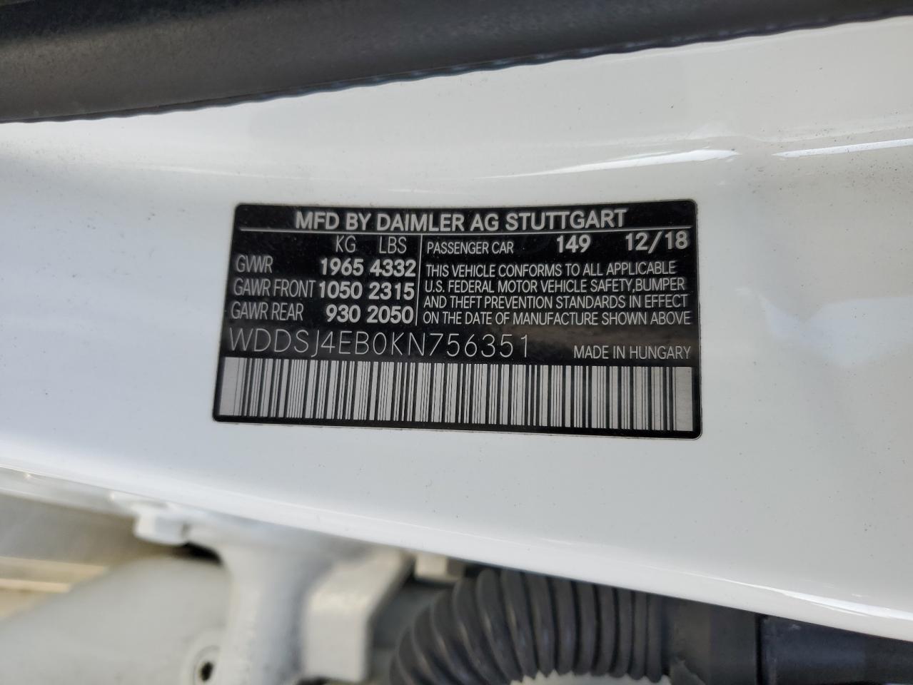 2019 Mercedes-Benz Cla 250 VIN: WDDSJ4EB0KN756351 Lot: 91473265