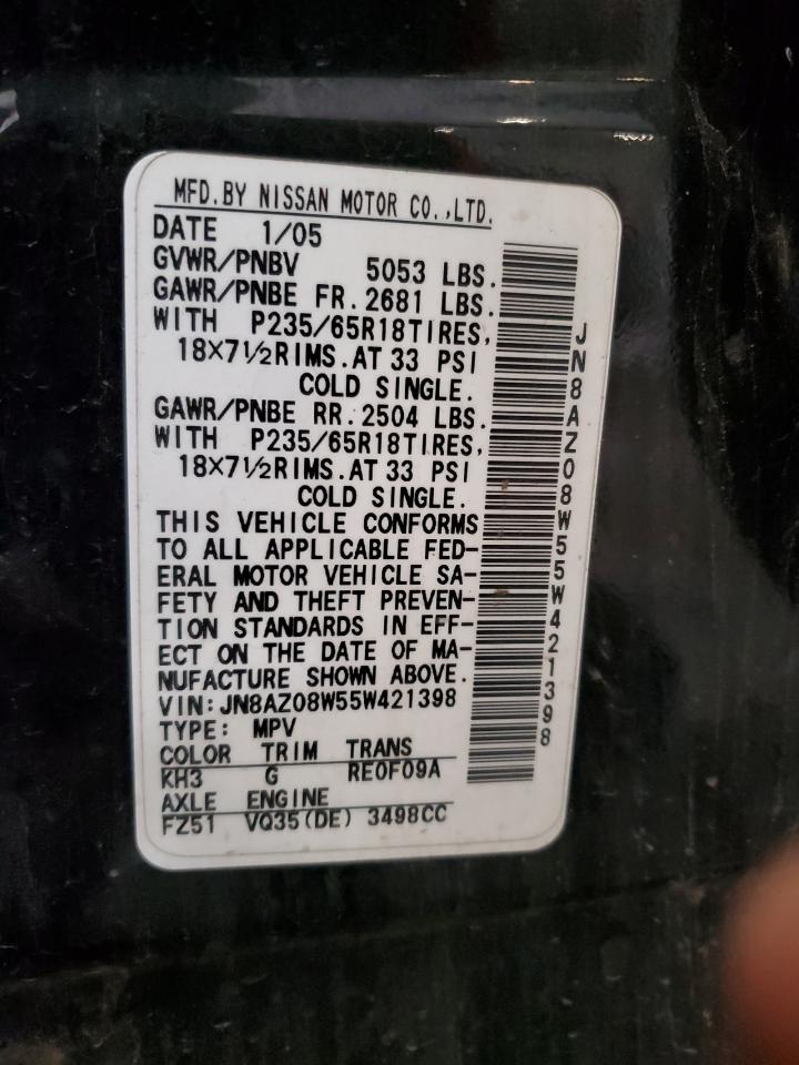 2005 Nissan Murano Sl VIN: JN8AZ08W55W421398 Lot: 92301805