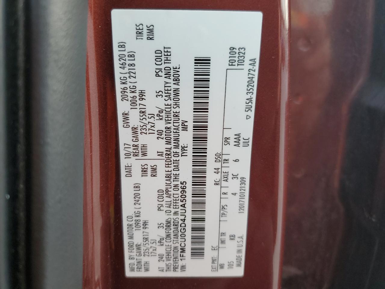 2018 Ford Escape Se VIN: 1FMCU0GD4JUA50965 Lot: 92744685