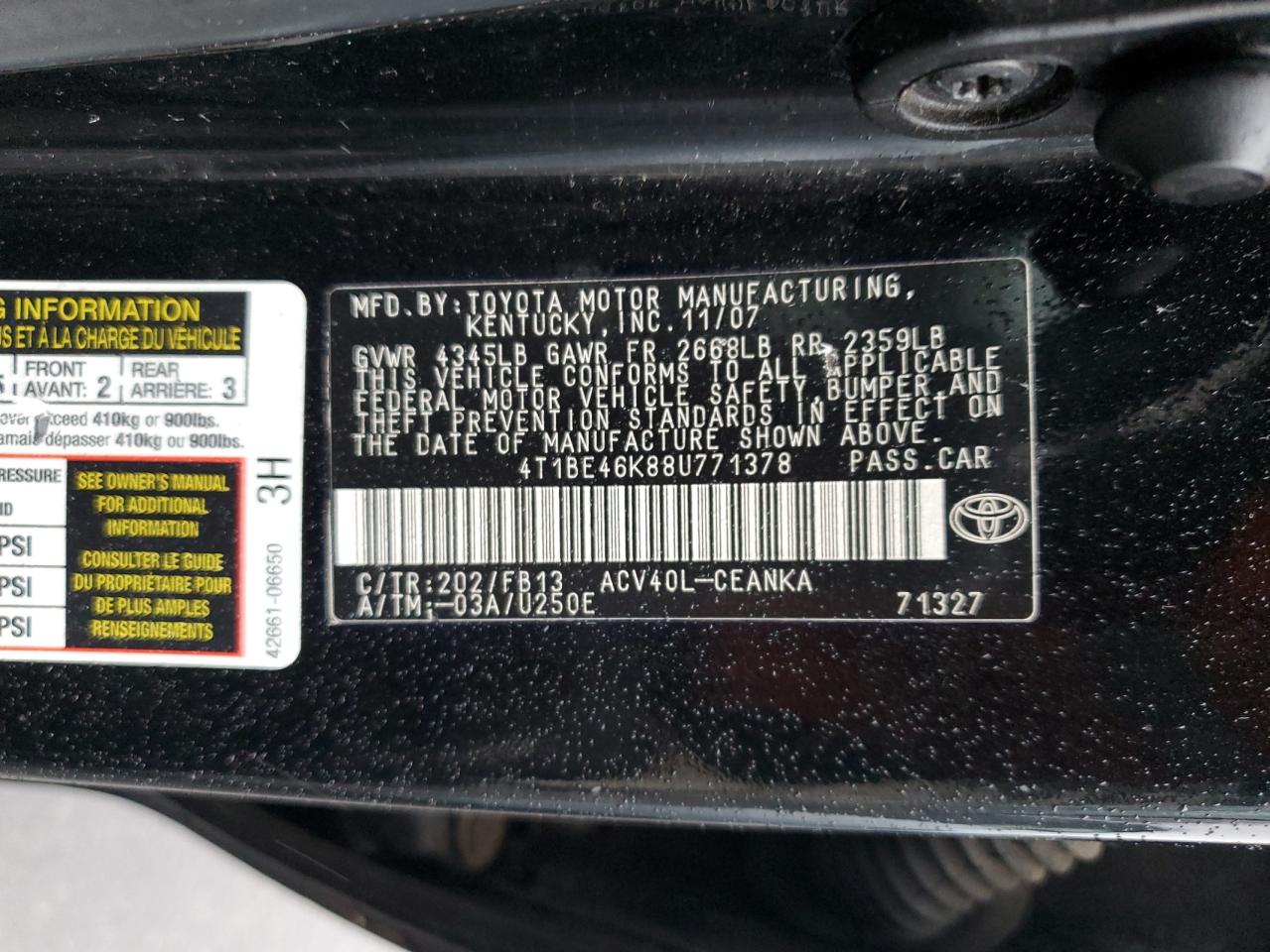 2008 Toyota Camry Ce VIN: 4T1BE46K88U771378 Lot: 93507705