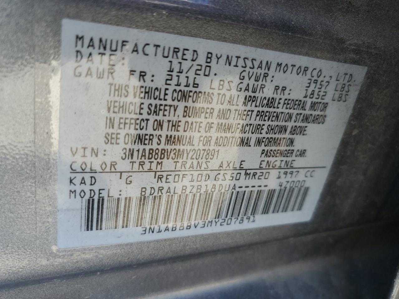 2021 Nissan Sentra S VIN: 3N1AB8BV3MY207891 Lot: 92326375