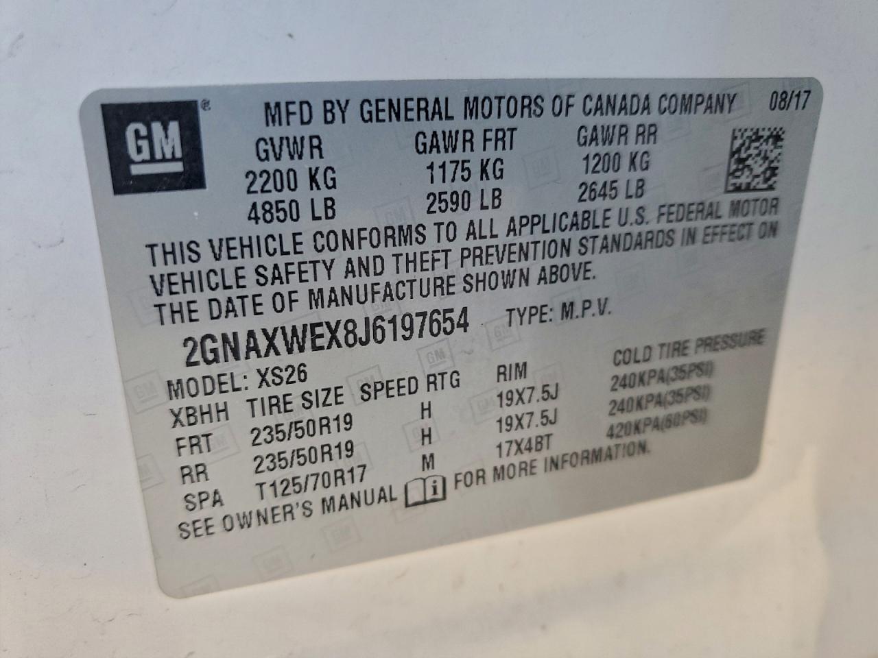 2018 Chevrolet Equinox Premier VIN: 2GNAXWEX8J6197654 Lot: 93916875