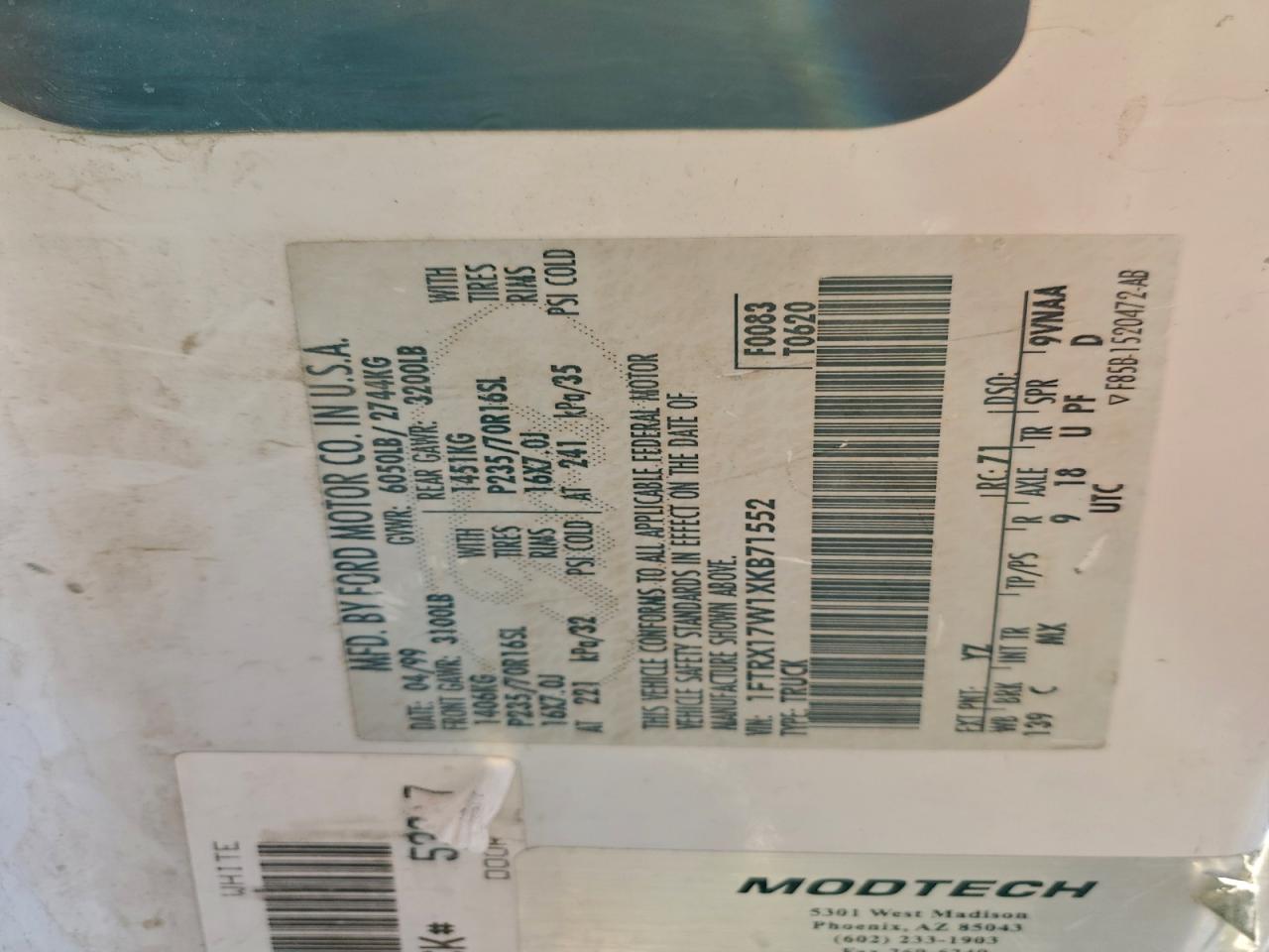 1999 Ford F150 VIN: 1FTRX17W1XKB71552 Lot: 93330995