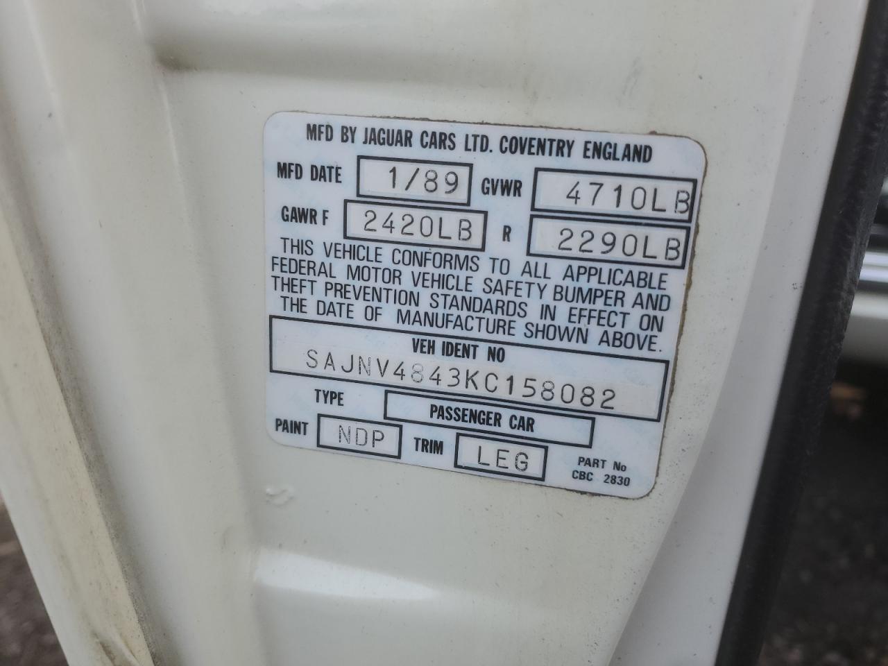 1989 Jaguar Xjs VIN: SAJNV4843KC158082 Lot: 91553475