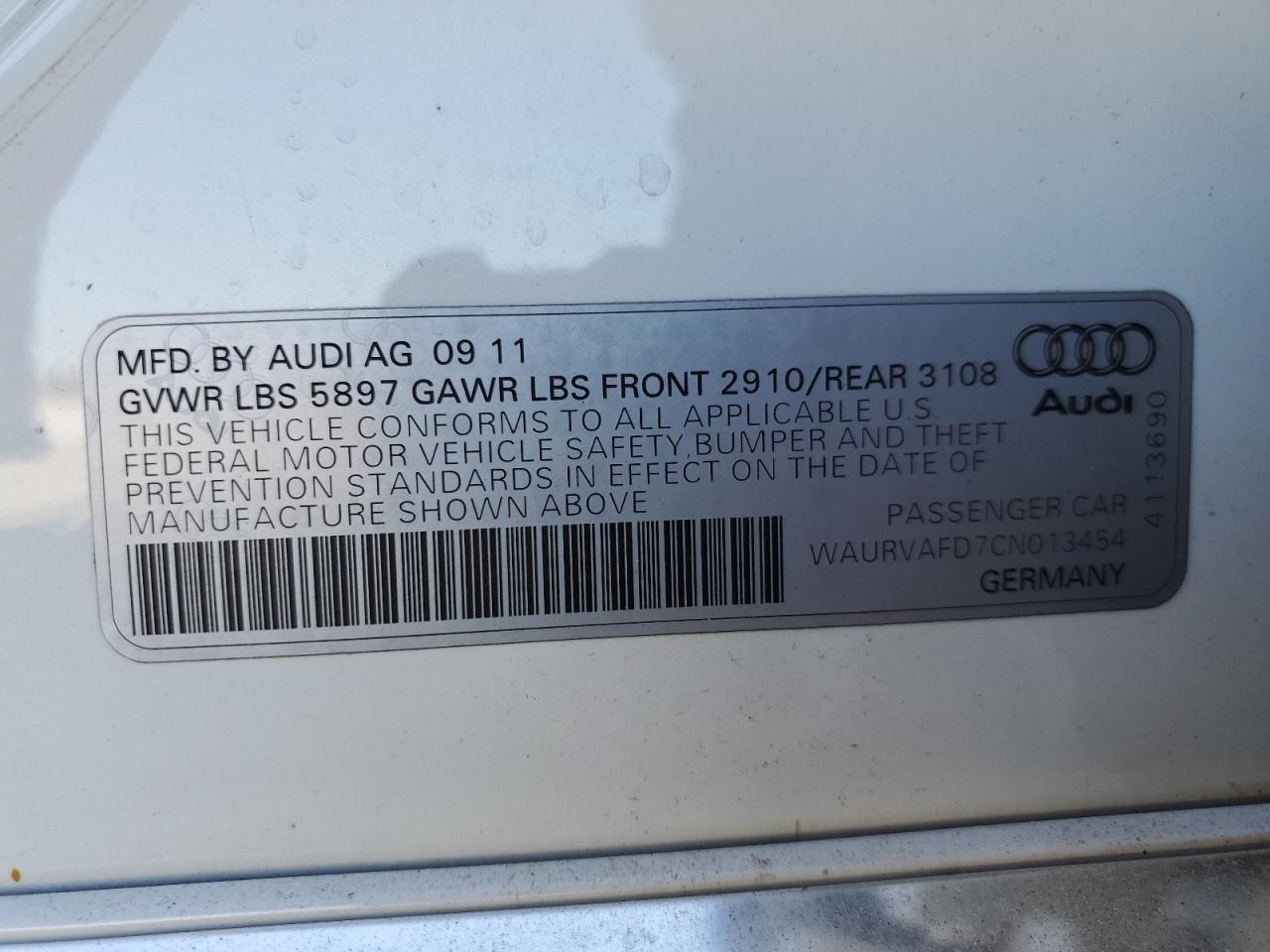 2012 Audi A8 L Quattro VIN: WAURVAFD7CN013454 Lot: 93664585
