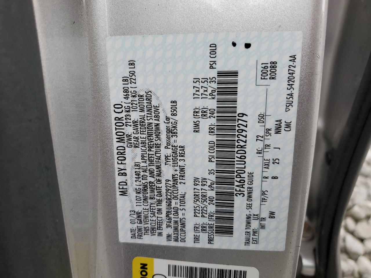 2013 Ford Fusion Se Hybrid VIN: 3FA6P0LU6DR229279 Lot: 92406015