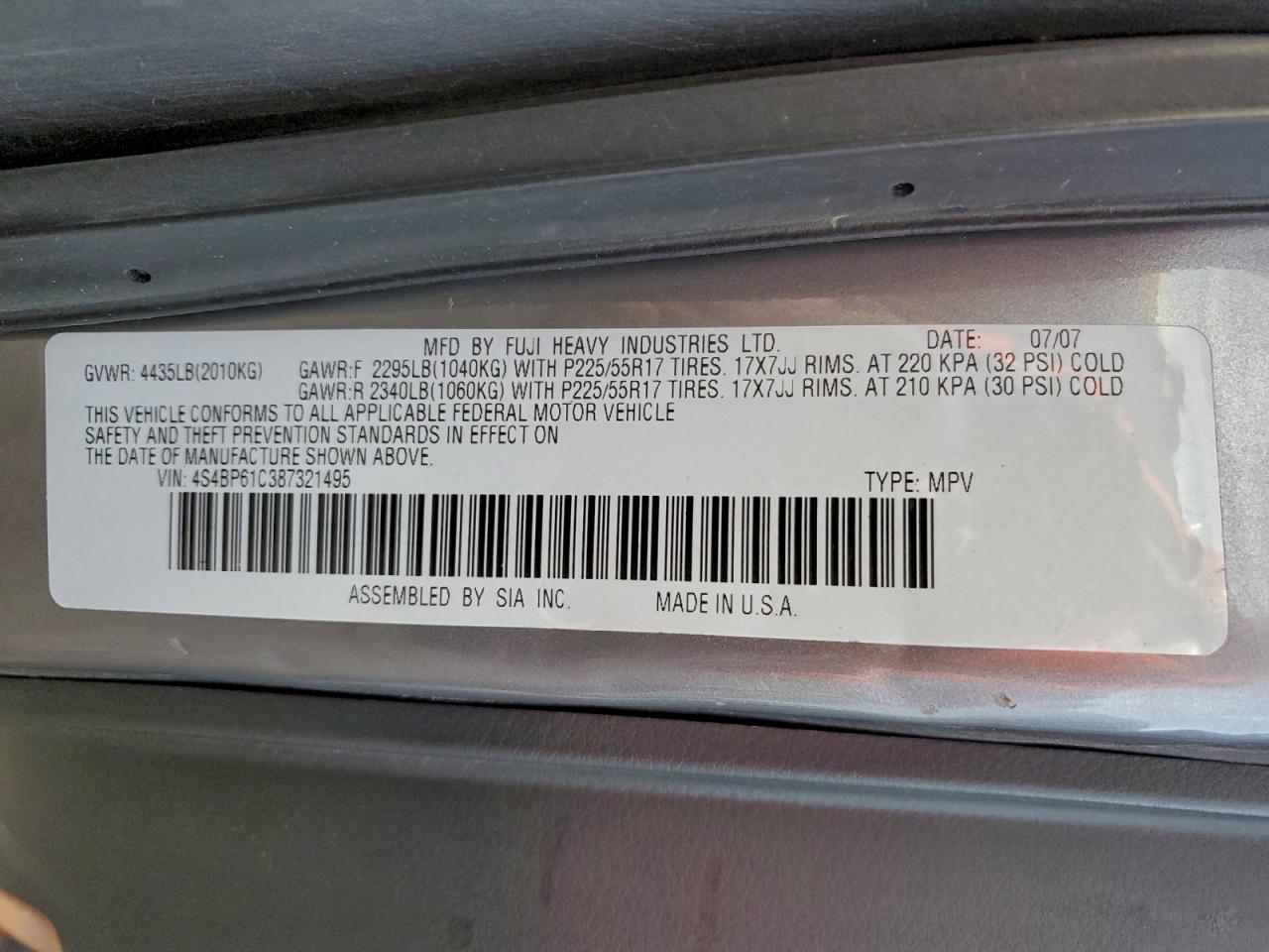 2008 Subaru Outback 2.5I VIN: 4S4BP61C387321495 Lot: 93931605