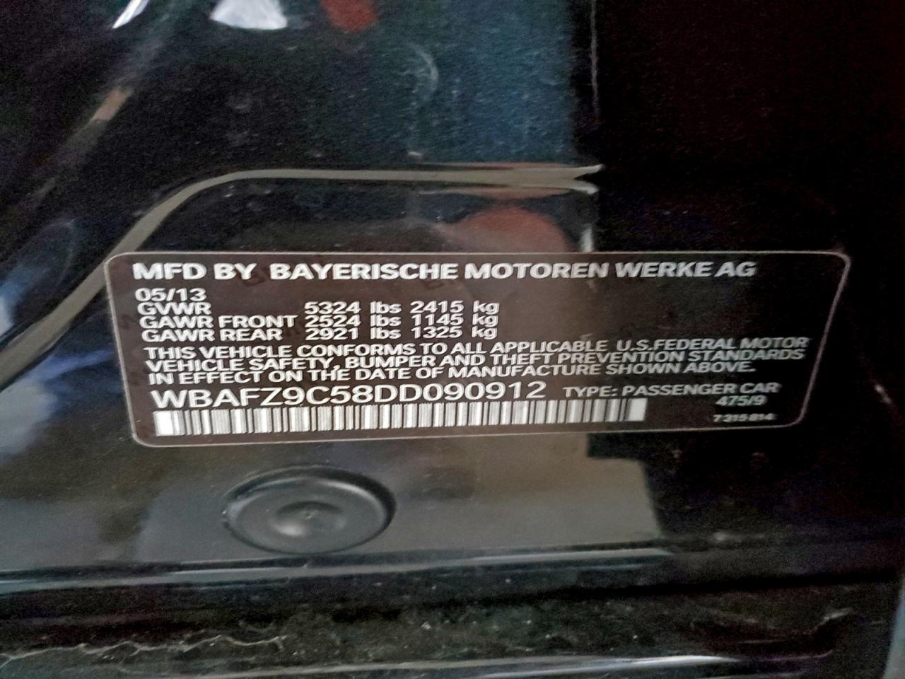 2013 BMW 535 I Hybrid VIN: WBAFZ9C58DD090912 Lot: 93755405