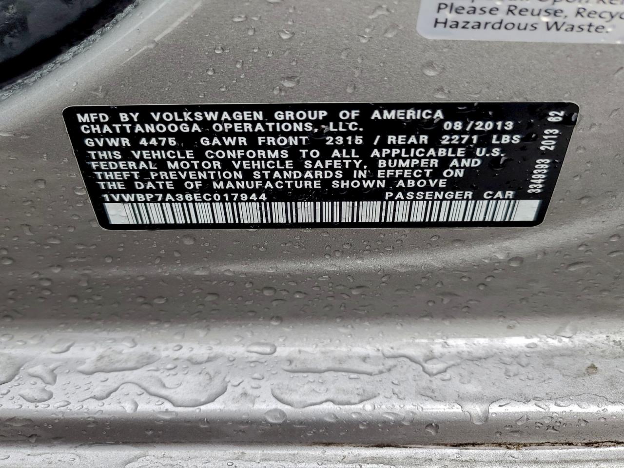 2014 Volkswagen Passat Se VIN: 1VWBP7A36EC017944 Lot: 93922235