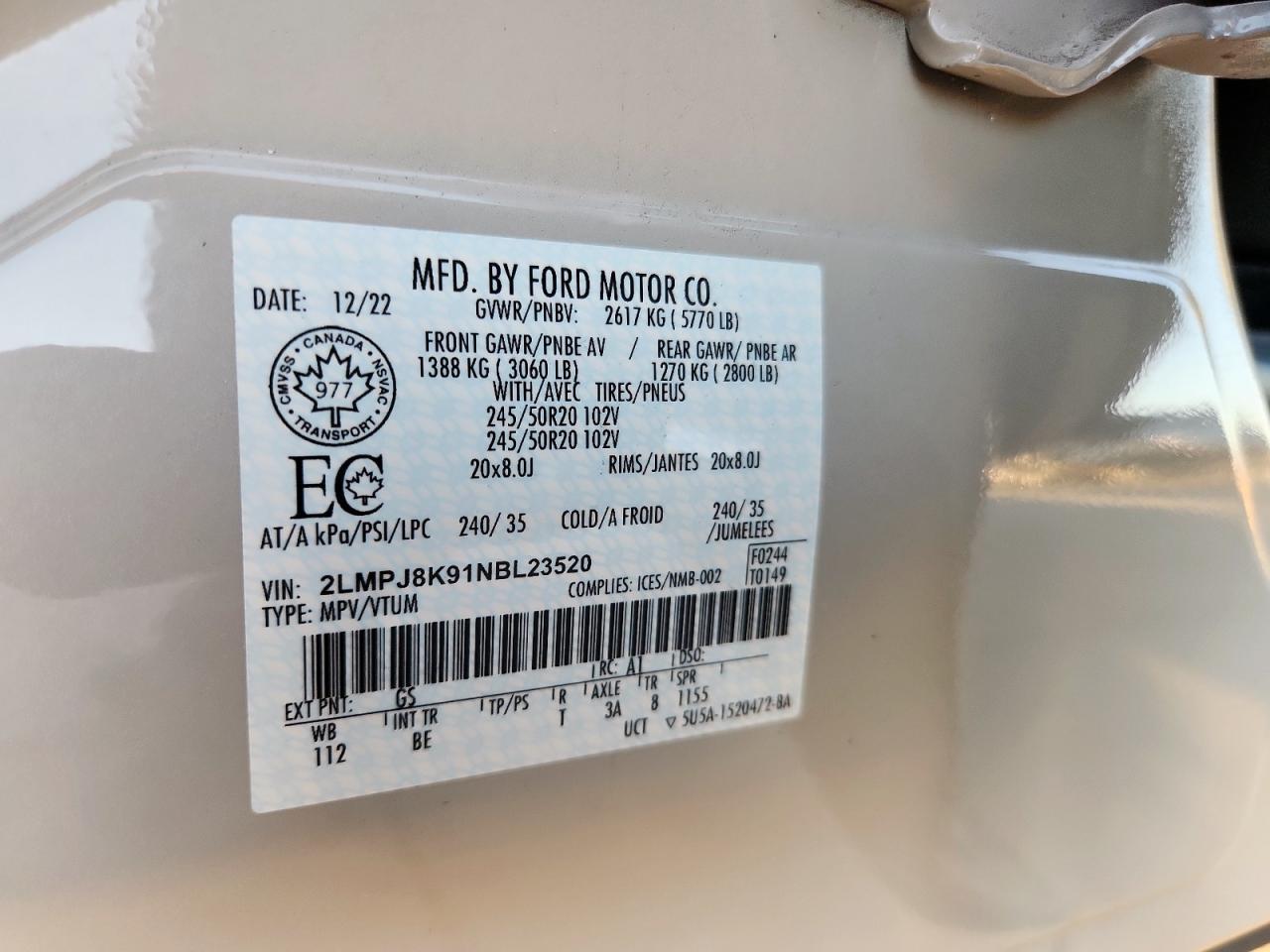 2022 Lincoln Nautilus Reserve VIN: 2LMPJ8K91NBL23520 Lot: 92045665