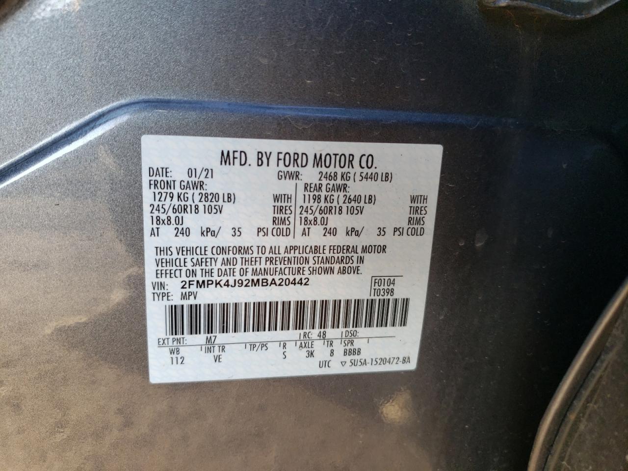 2021 Ford Edge Sel VIN: 2FMPK4J92MBA20442 Lot: 92856305