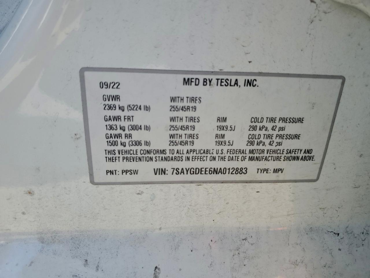 2022 Tesla Model Y VIN: 7SAYGDEE6NA012883 Lot: 91065565