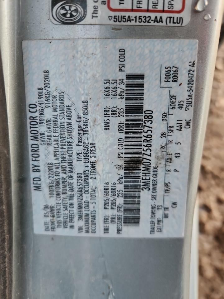2006 Mercury Milan VIN: 3MEHM07Z56R657380 Lot: 93089655