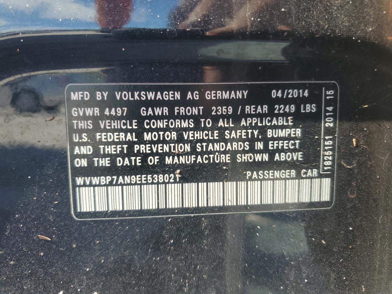 2014 Volkswagen Cc Sport VIN: WVWBP7AN9EE538021 Lot: 90868045