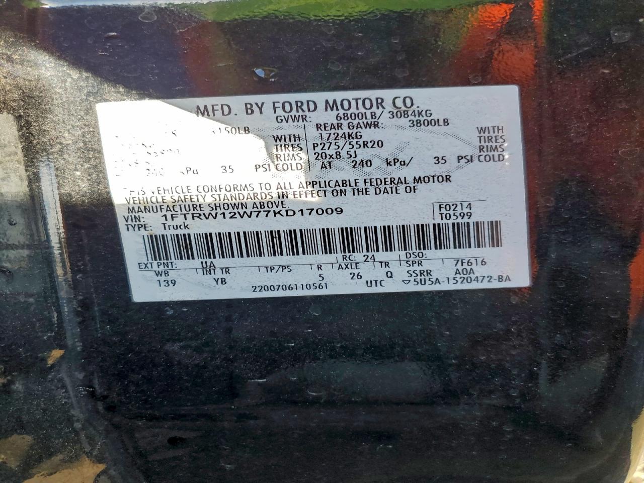 2007 Ford F150 Supercrew VIN: 1FTRW12W77KD17009 Lot: 94422515