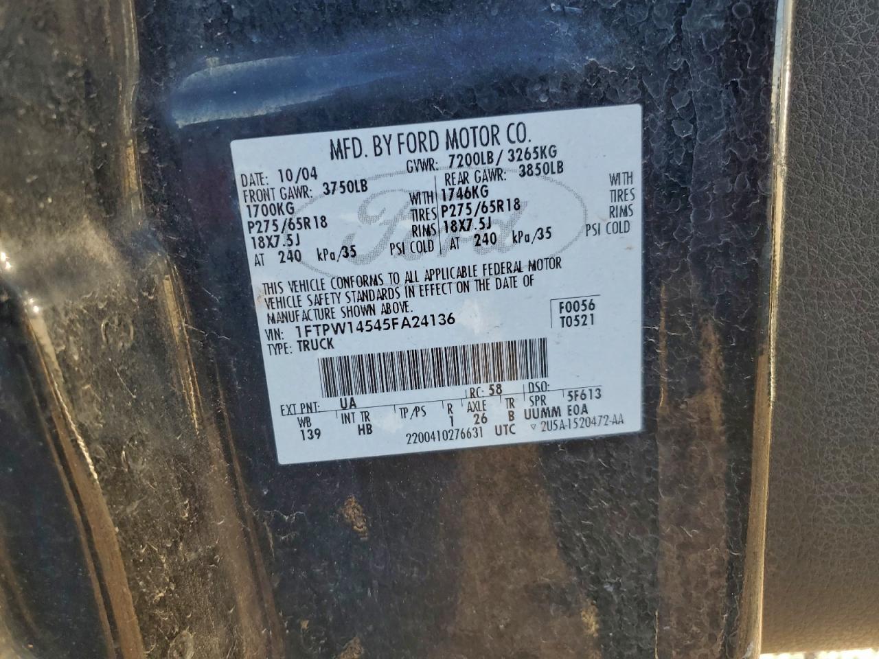 2005 Ford F150 Supercrew VIN: 1FTPW14545FA24136 Lot: 93207545