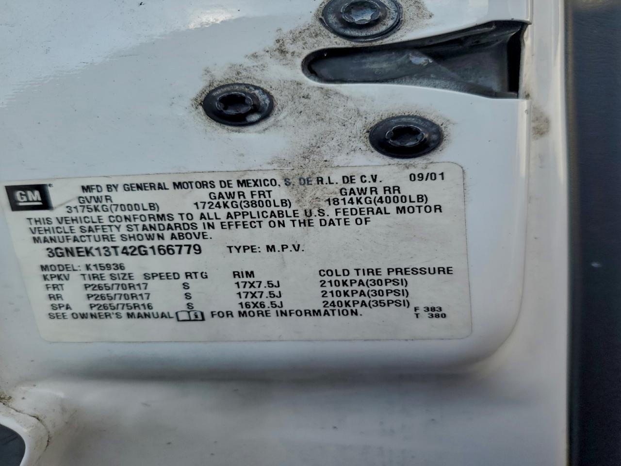 2002 Chevrolet Avalanche K1500 VIN: 3GNEK13T42G166779 Lot: 91672075