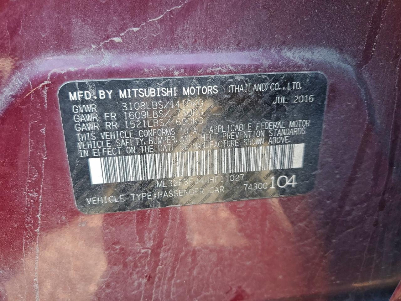 2017 Mitsubishi Mirage G4 Es VIN: ML32F3FJ4HHF11027 Lot: 94056415