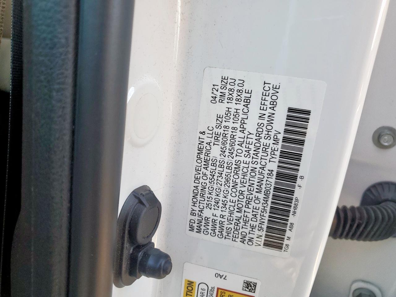 2021 Honda Pilot Ex VIN: 5FNYF5H34MB037184 Lot: 91798625