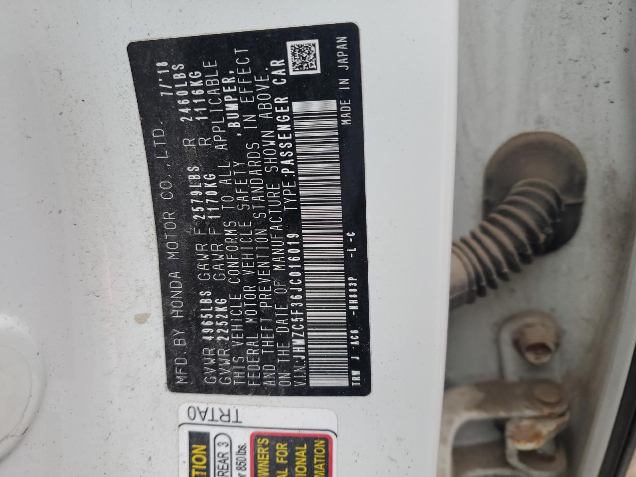 2018 Honda Clarity Touring VIN: JHMZC5F36JC016019 Lot: 91648725