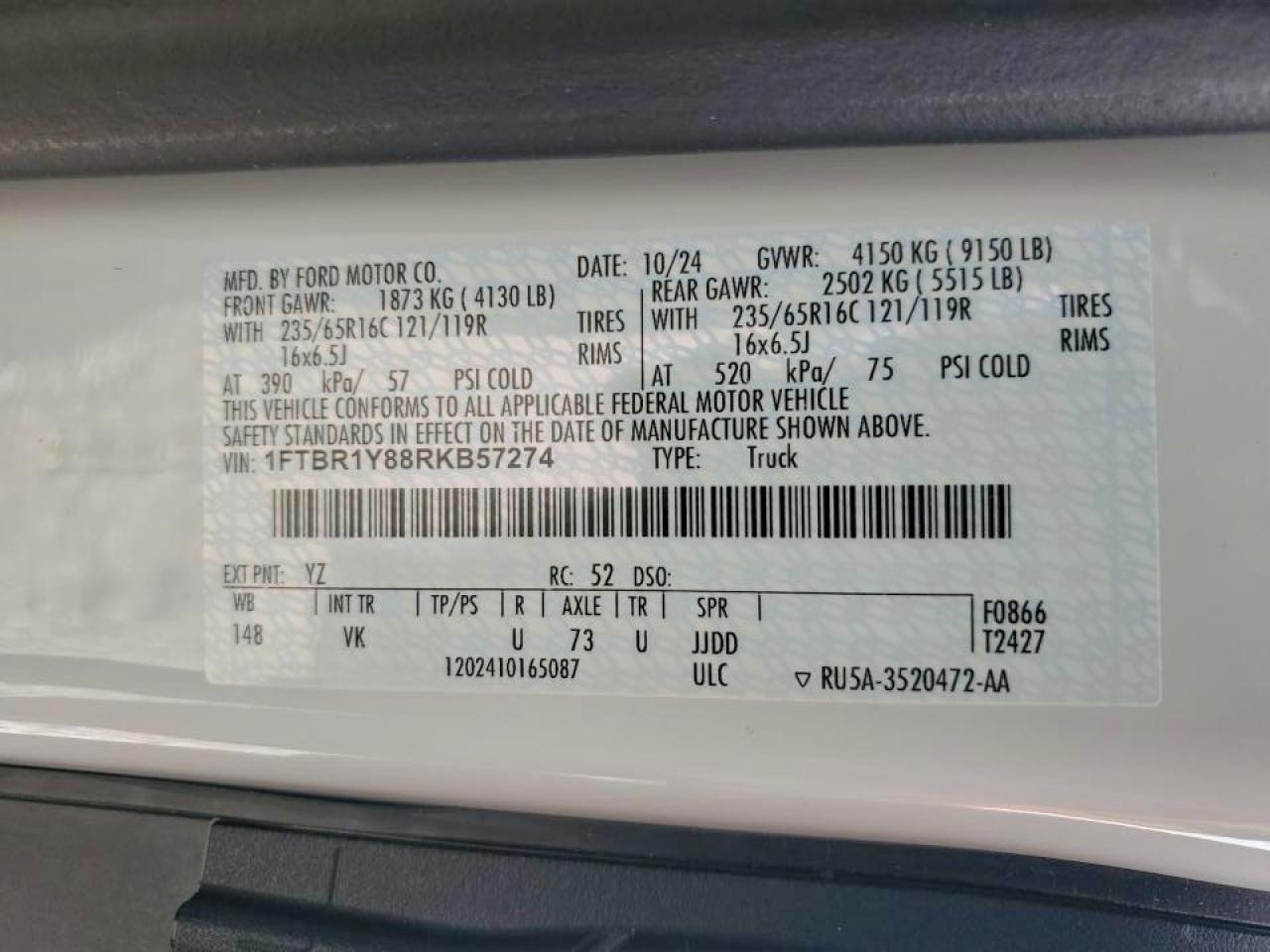 1FTBR1Y88RKB57274 2024 Ford Transit T-250