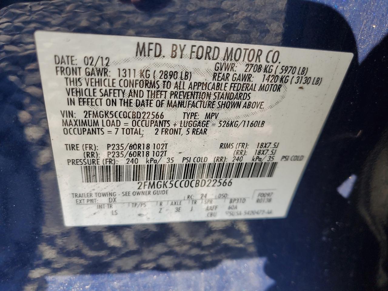 2012 Ford Flex Sel VIN: 2FMGK5CC0CBD22566 Lot: 91135485