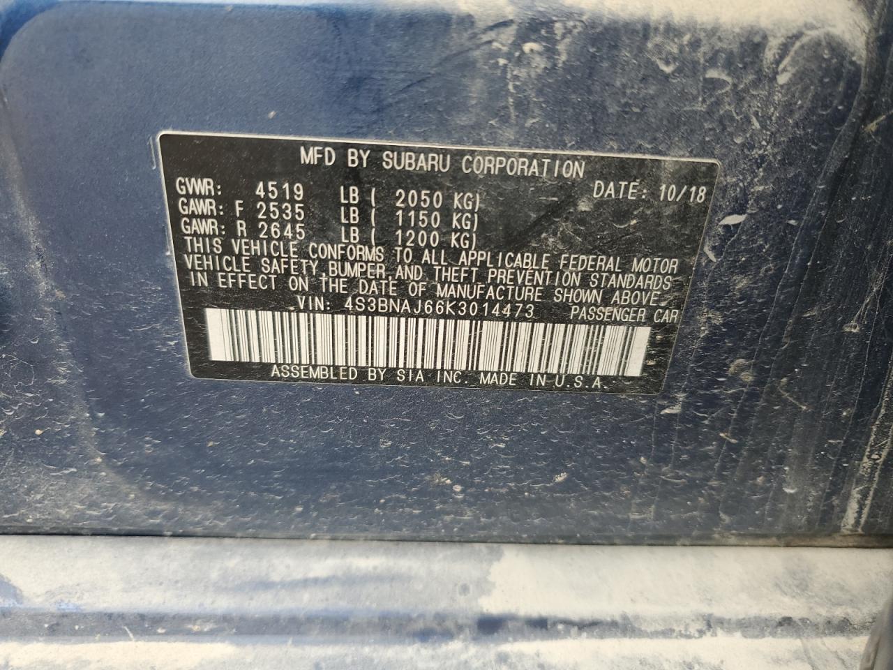 2019 Subaru Legacy 2.5I Limited VIN: 4S3BNAJ66K3014473 Lot: 93000025