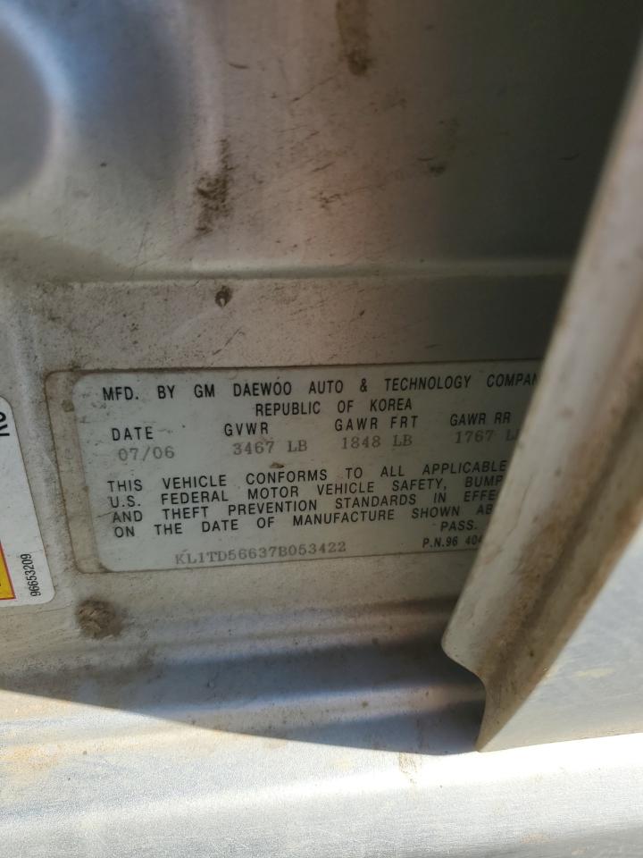 2007 Chevrolet Aveo Base VIN: KL1TD56637B053422 Lot: 91555765