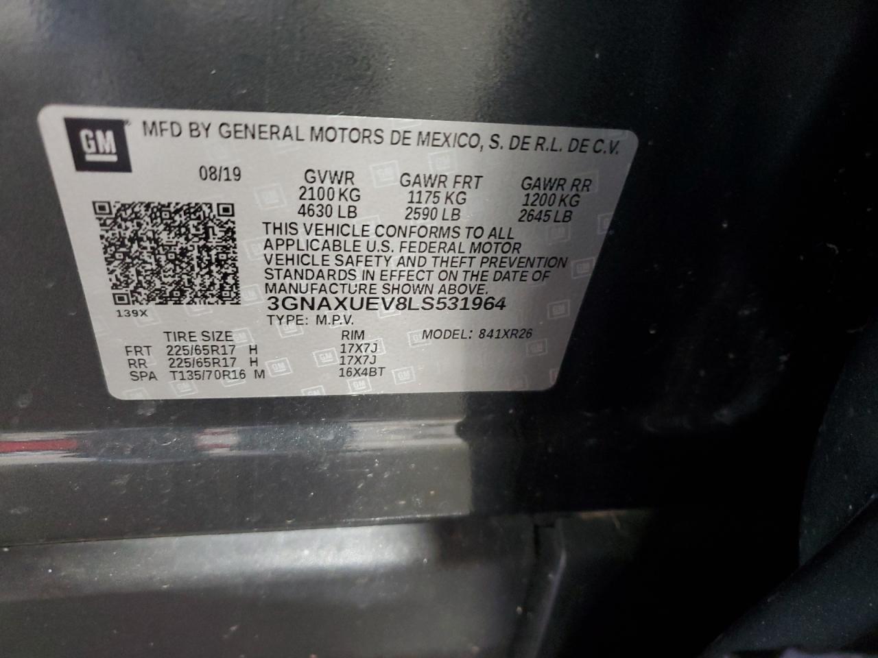 2020 Chevrolet Equinox Lt VIN: 3GNAXUEV8LS531964 Lot: 93000775