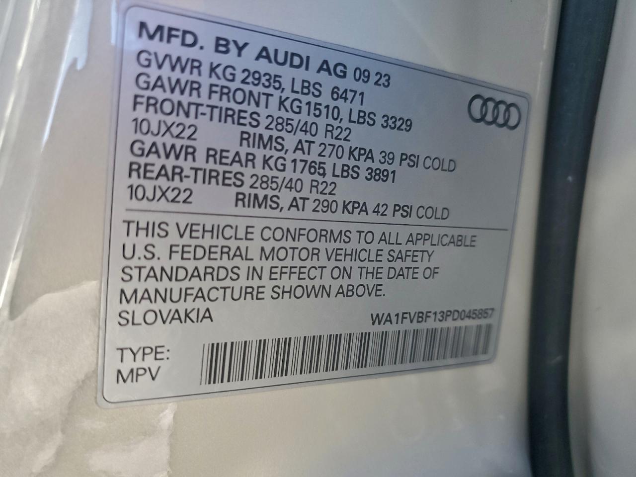 2023 Audi Q8 Prestige S-Line VIN: WA1FVBF13PD045857 Lot: 92160355