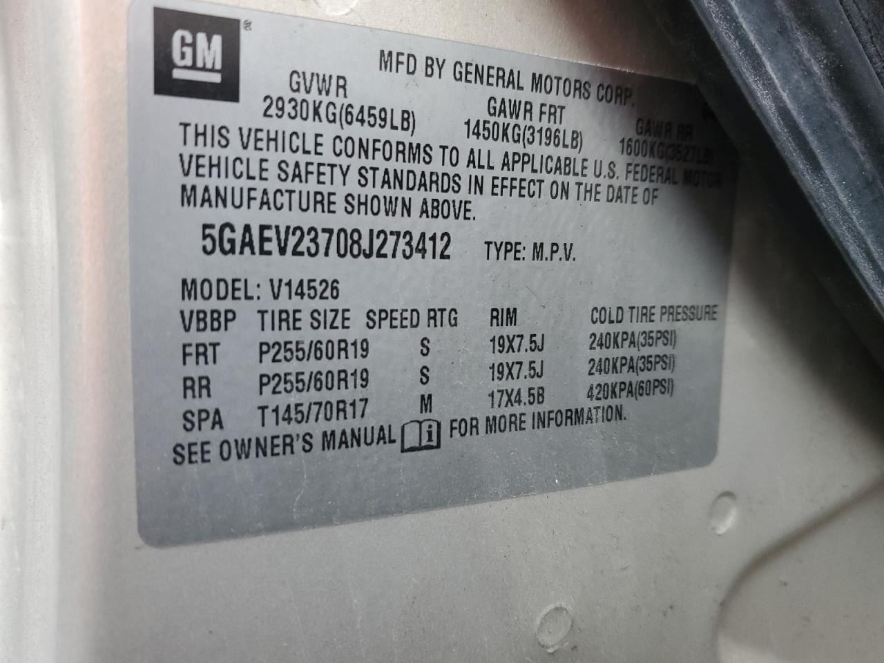 2008 Buick Enclave Cxl VIN: 5GAEV23708J273412 Lot: 93367475