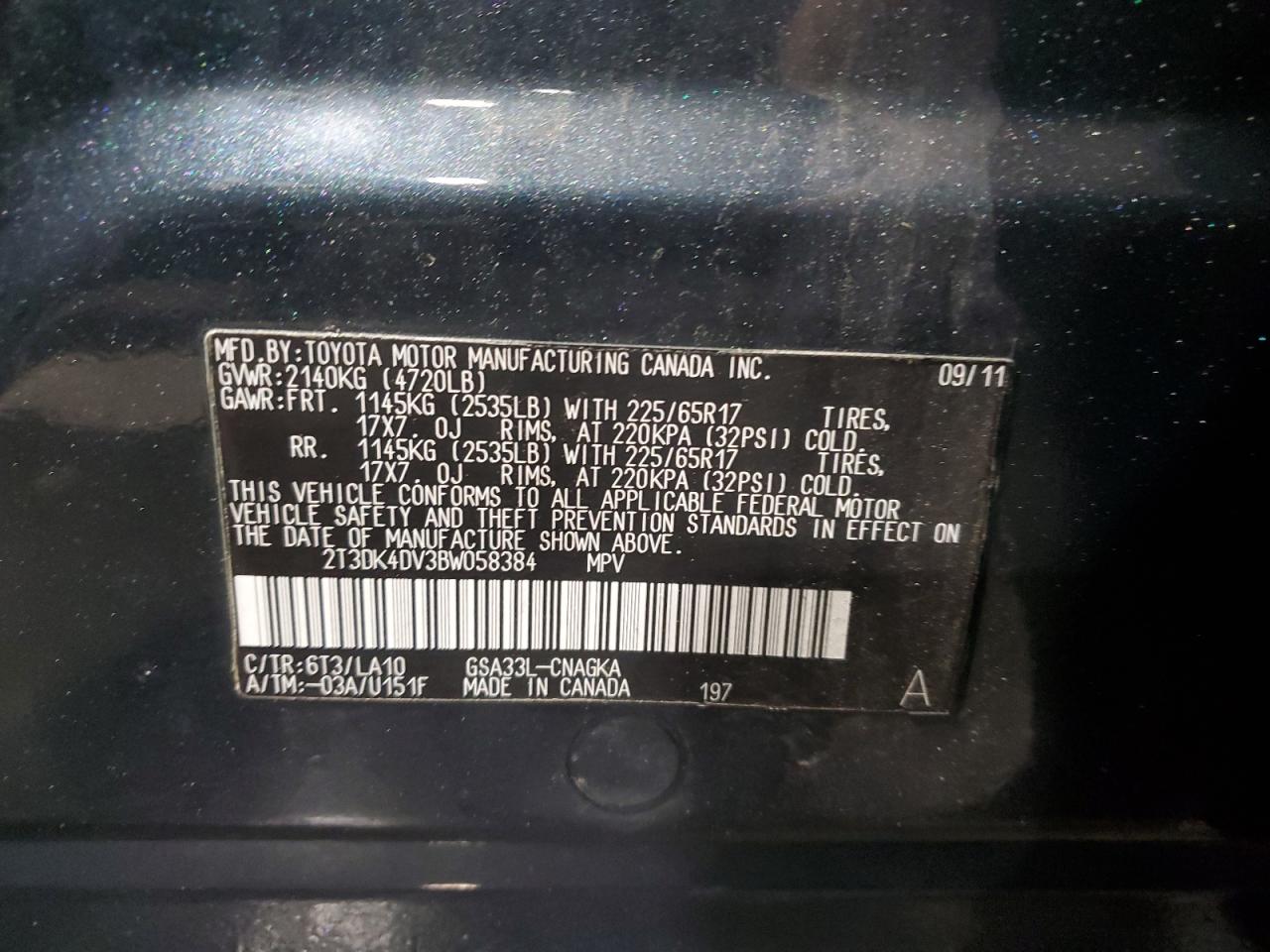 2011 Toyota Rav4 Limited VIN: 2T3DK4DV3BW058384 Lot: 90257495