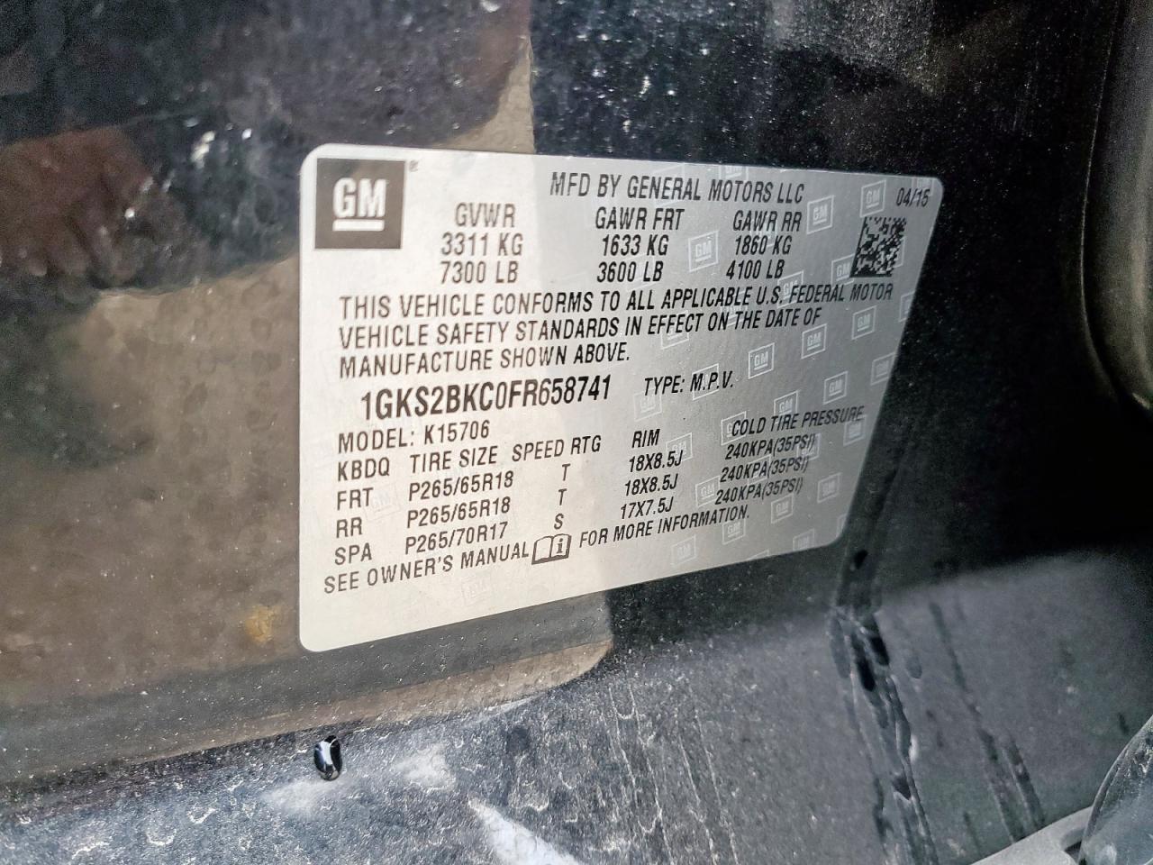 2015 GMC Yukon Slt VIN: 1GKS2BKC0FR658741 Lot: 93705695