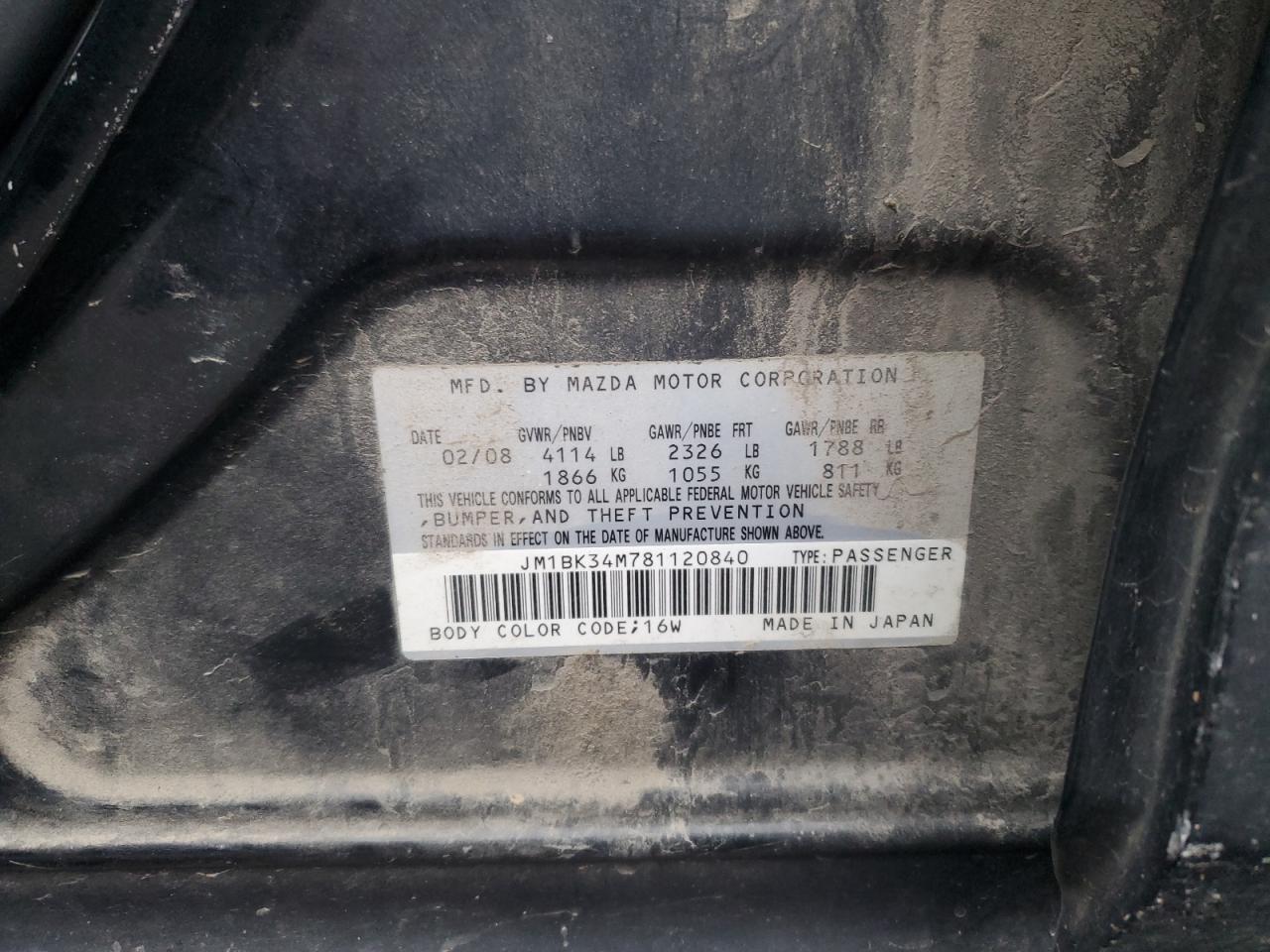 2008 Mazda Speed 3 VIN: JM1BK34M781120840 Lot: 93569795