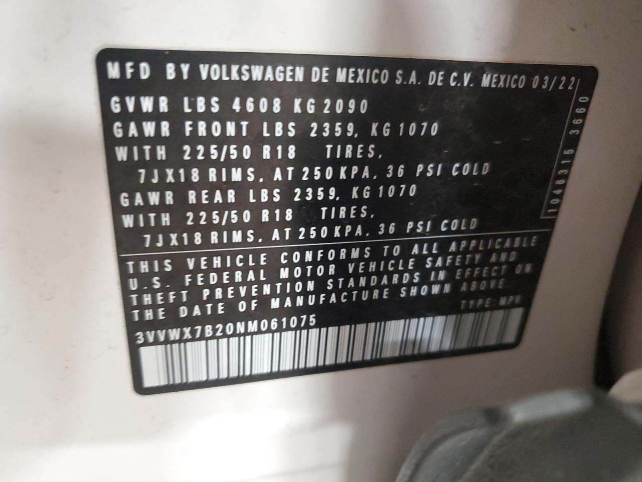 2022 Volkswagen Taos Se VIN: 3VVWX7B20NM061075 Lot: 93960185