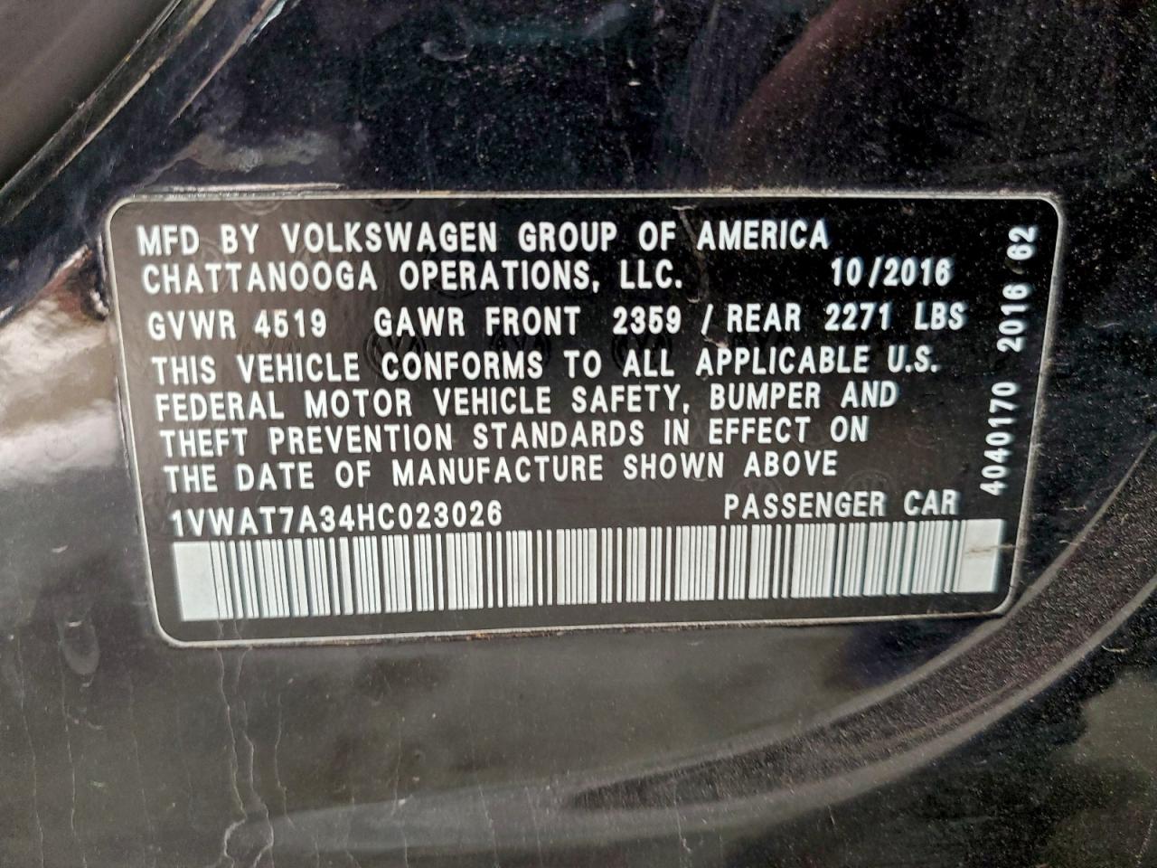 2017 Volkswagen Passat S VIN: 1VWAT7A34HC023026 Lot: 94514885