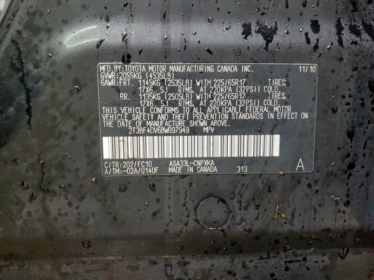 2011 Toyota Rav4 VIN: 2T3BF4DV6BW097949 Lot: 94702285