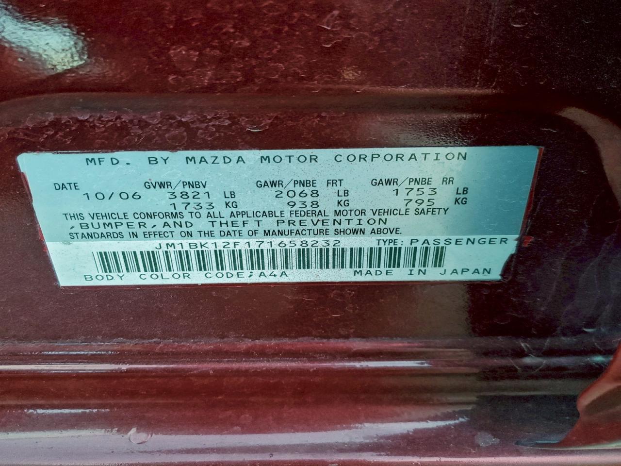 2007 Mazda 3 I VIN: JM1BK12F171658232 Lot: 94184915