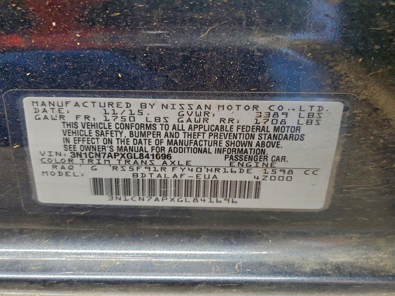 2016 Nissan Versa S VIN: 3N1CN7APXGL841696 Lot: 93337365