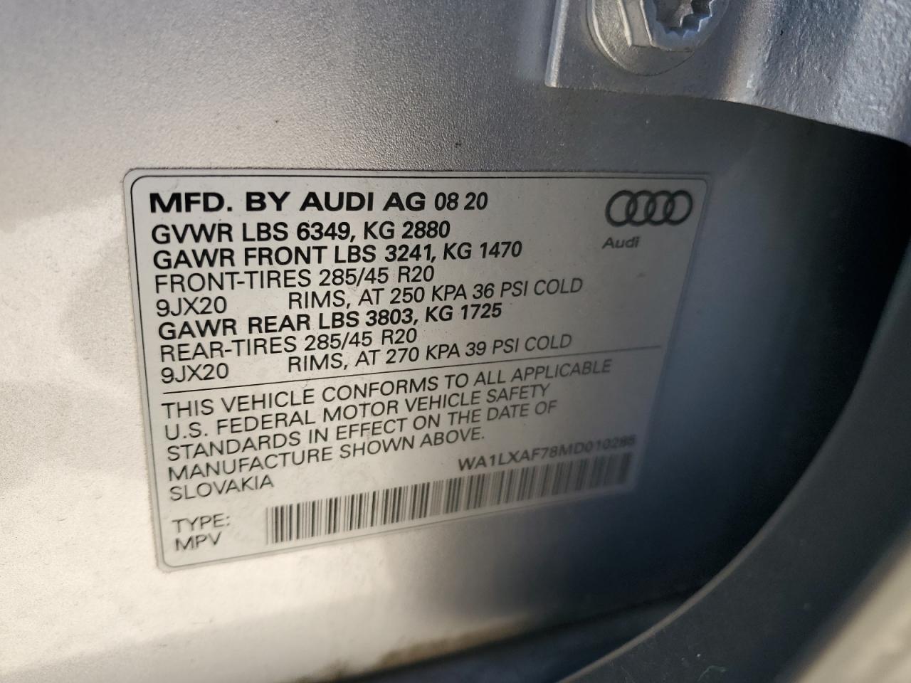 2021 Audi Q7 Premium Plus VIN: WA1LXAF78MD010285 Lot: 91791665