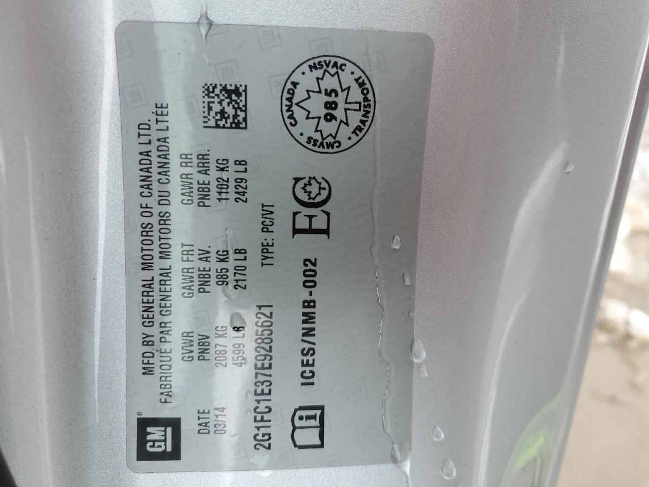 2014 Chevrolet Camaro Lt VIN: 2G1FC1E37E9285621 Lot: 92947285