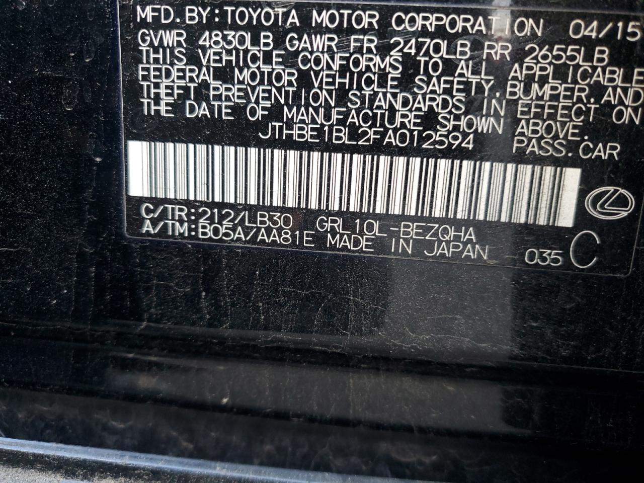 2015 Lexus Gs 350 VIN: JTHBE1BL2FA012594 Lot: 93047135