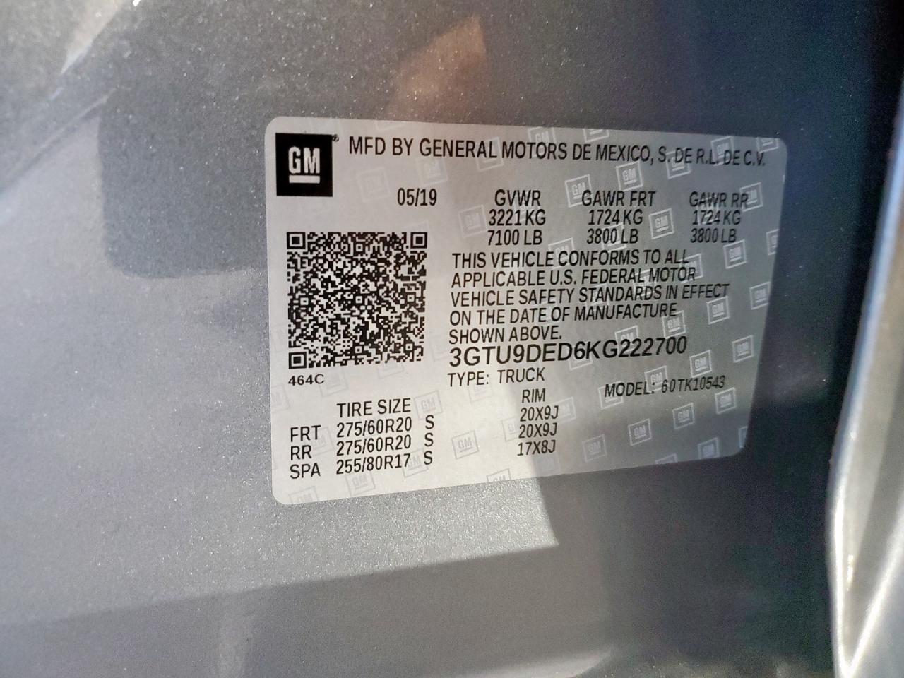 2019 GMC Sierra K1500 Slt VIN: 3GTU9DED6KG222700 Lot: 92205545