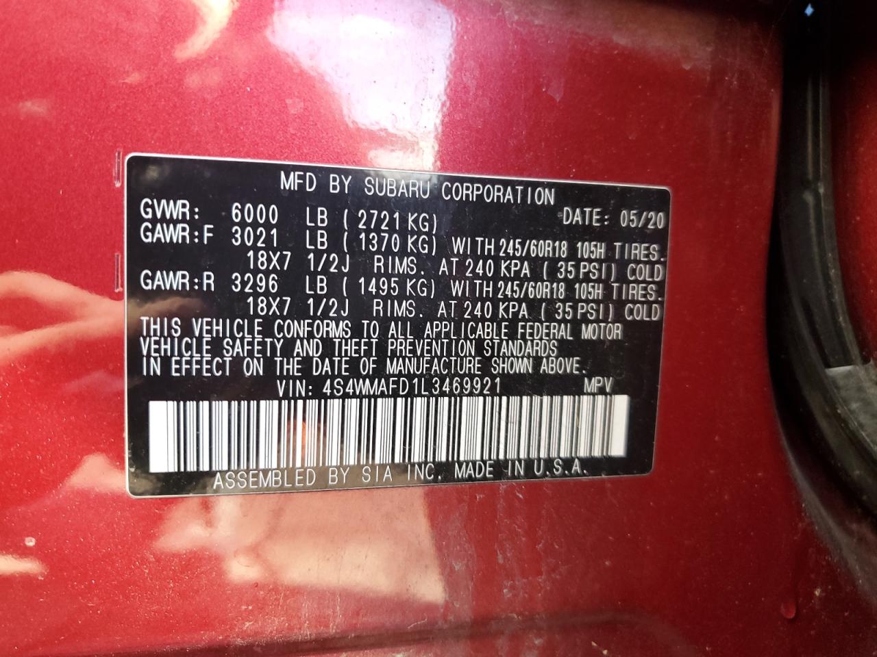 2020 Subaru Ascent Premium VIN: 4S4WMAFD1L3469921 Lot: 91841385