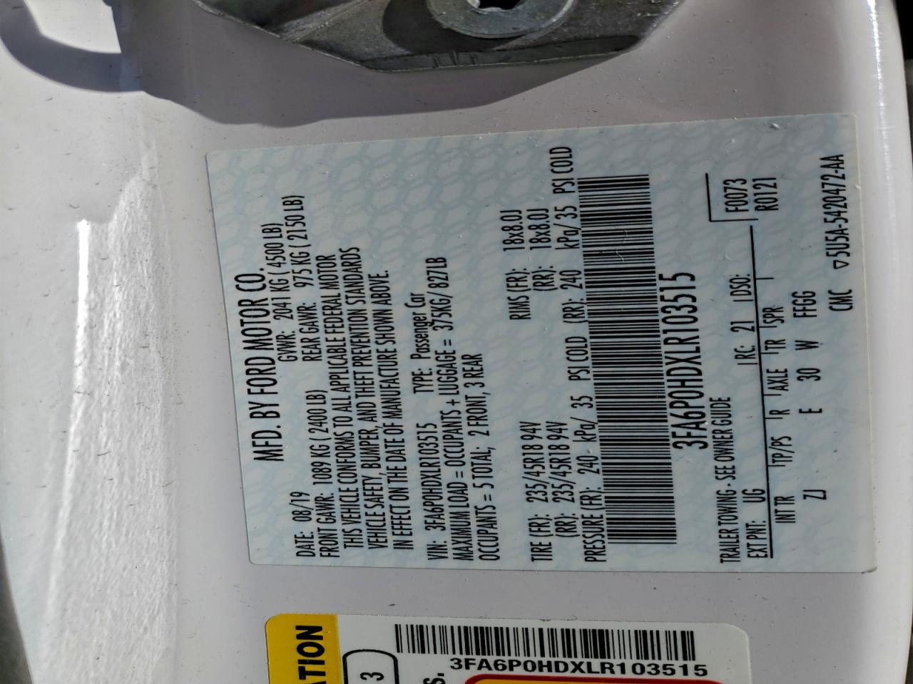 2020 Ford Fusion Se VIN: 3FA6P0HDXLR103515 Lot: 94538085