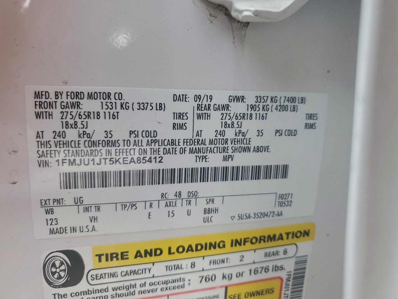 2019 Ford Expedition Xlt VIN: 1FMJU1JT5KEA85412 Lot: 93684015