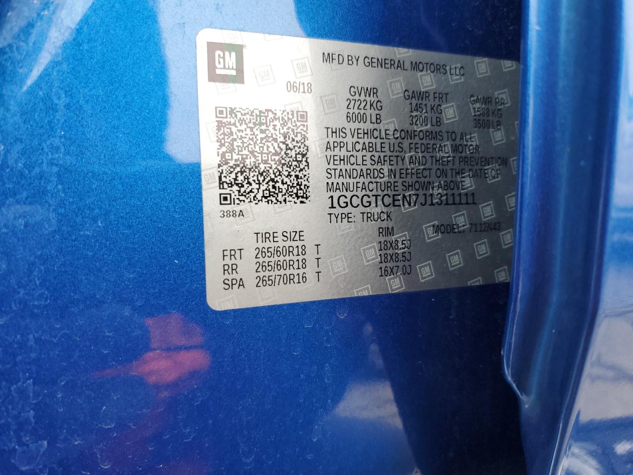 2018 Chevrolet Colorado Lt VIN: 1GCGTCEN7J1311111 Lot: 92190085