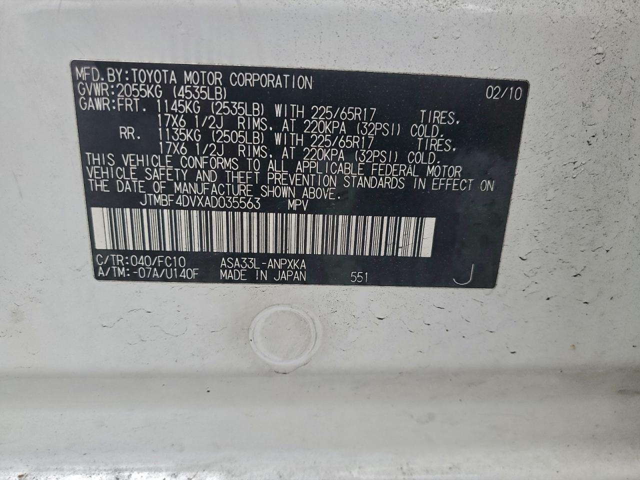 2010 Toyota Rav4 VIN: JTMBF4DVXAD035563 Lot: 94537165