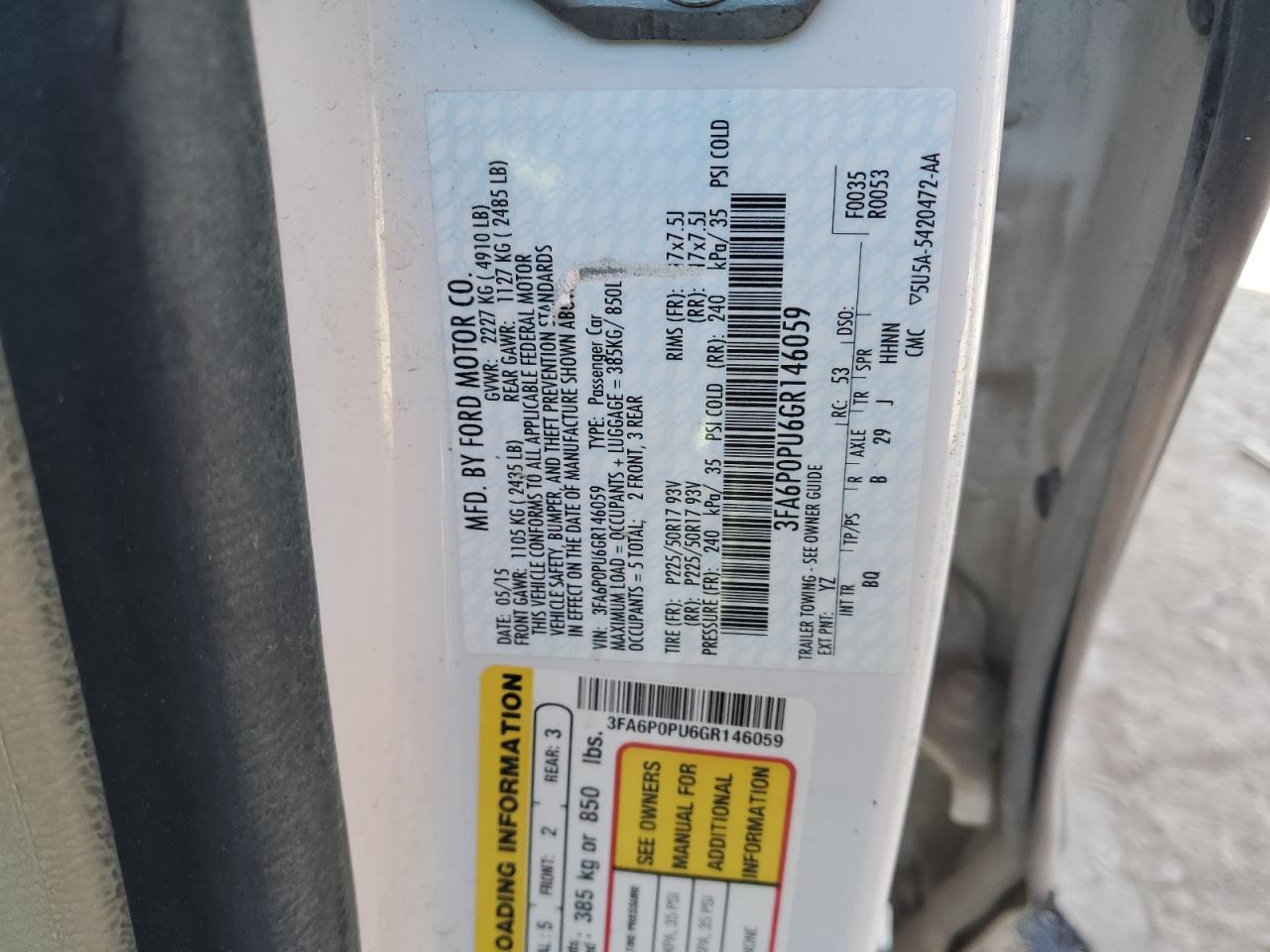 2016 Ford Fusion Se Phev VIN: 3FA6P0PU6GR146059 Lot: 92262385